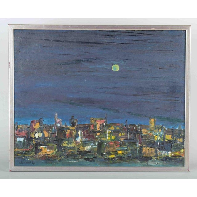 Van de Vooren, Dutch artist. Oil on canvas. 'Bartholomeusnacht'. Expressive nocturnal cityscape, 1969 The painting depicts...