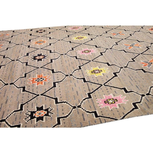 Tan Modern Moroccan Style Handmade Tribal Designed Wool Rug For Sale - Image 9 of 10