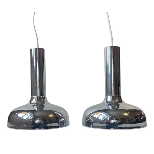 Modern Danish Mirror Chrome Pendant Lamps by Frank Bentler, 1970s, Set of 2 For Sale