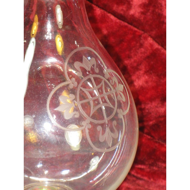 Glass Pitcher Antique Mouth Blown Hand Cut Fleur de Lis Engraved Clear Ca.1860's For Sale - Image 4 of 12