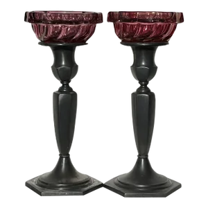 1940s Pewter Candlestick Holders With Cranberry Glass Cup - a Pair