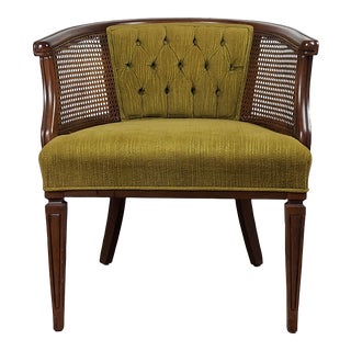 1960s Mid-Century Green Tufted Cane Barrel Back Chair For Sale