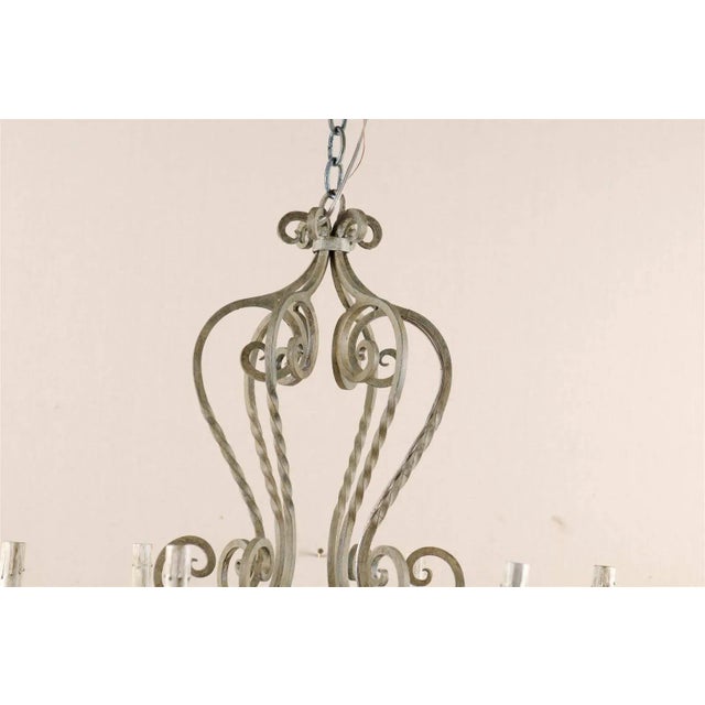 Vintage Mid 20th Century French Painted Iron 6 Light Chandelier with S-Scrolls Neutral Grey Color For Sale - Image 4 of 7