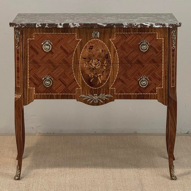 Mid 20th Century Antique French Louis XVI Style Marquetry Marble Top Commode For Sale - Image 5 of 18