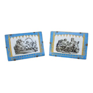19th Century Celestial Blue Porcelain Rectangular Plates with Antique Scenes, Set of 2 For Sale