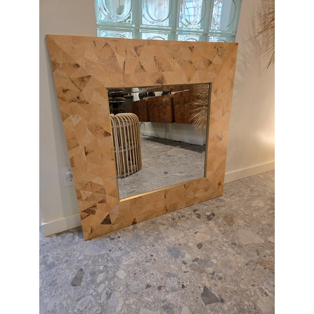 ▪️ Large Vintage Coconut Shell Mirror ▪️ Made with real coconut veneer ▪️ 3D Geometric design ▪️ In the manor of Karl...