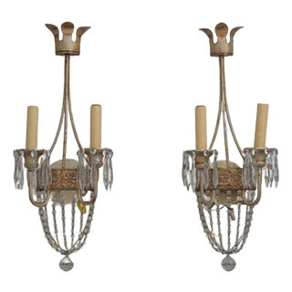1980s Pair Neopolitan Style Crystal & Gilt Metal Wall Sconces For Sale