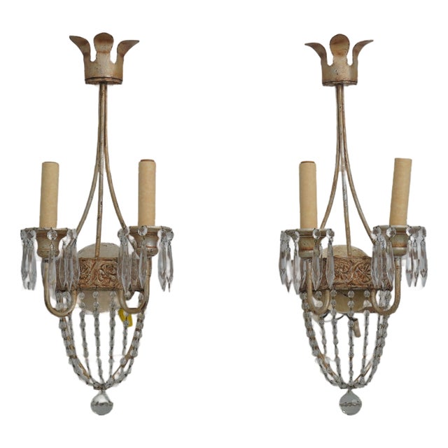 1980s Pair Neopolitan Style Crystal & Gilt Metal Wall Sconces For Sale