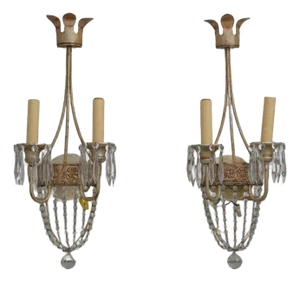 1980s Pair Neopolitan Style Crystal & Gilt Metal Wall Sconces