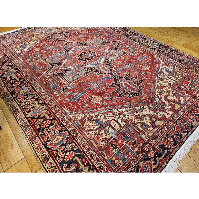 19th Century Persian Heriz Serapi Rug, Hand-Knotted Wool, Geometric Pattern, Red & Green Vegetable Dyes, 9x12 For Sale - Image 4 of 13