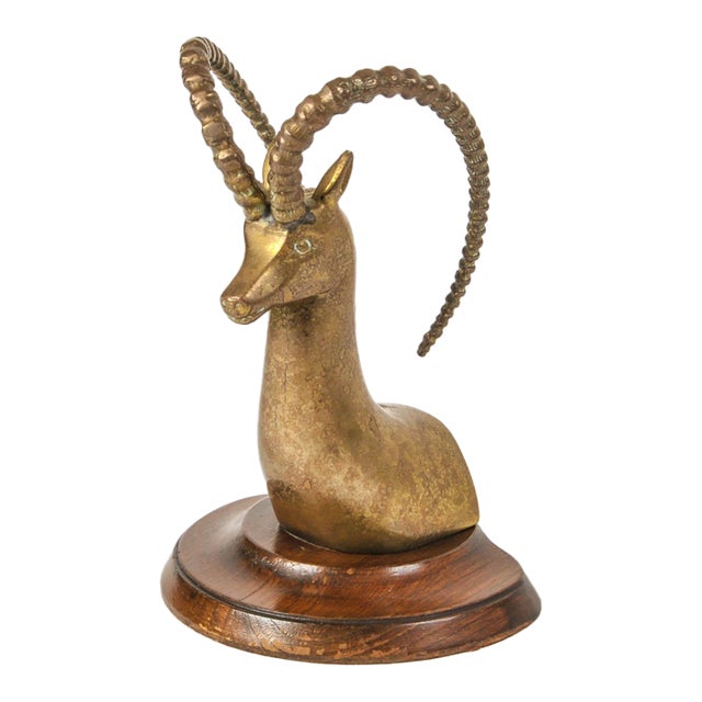 Mid 20th Century Huge Brass Gazelle Bust on Wood Single Bookend Made in Spain For Sale