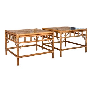 Vintage Coastal Rattan Fretwork Chippendale Style Inlay Top Side Tables-Pair For Sale