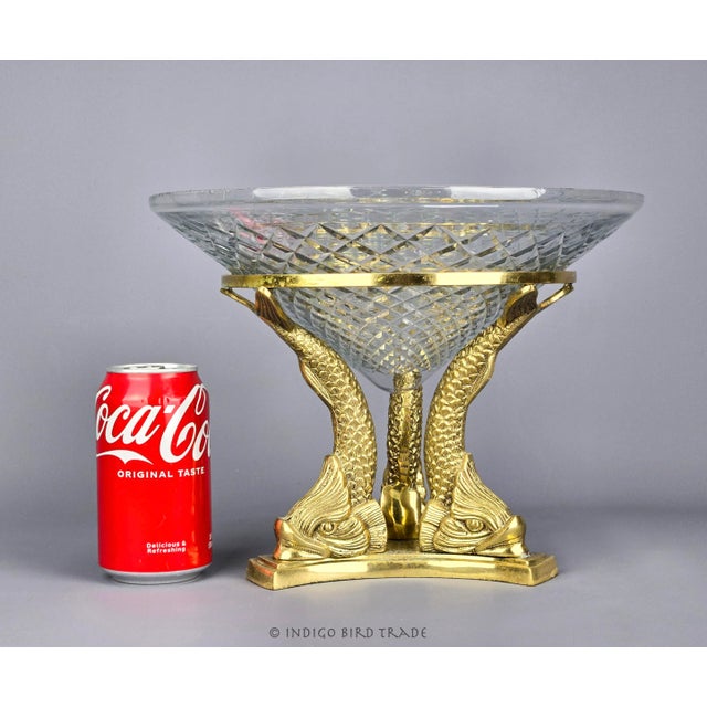 Antique French Crystal Bowl on Bronze Dolphin Koi Fish Pedestal Centerpiece For Sale - Image 4 of 10