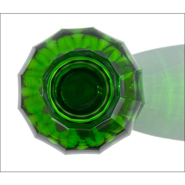 Glass Vintage Facet Cut Emerald Green Czech Art Glass Vase For Sale - Image 7 of 9