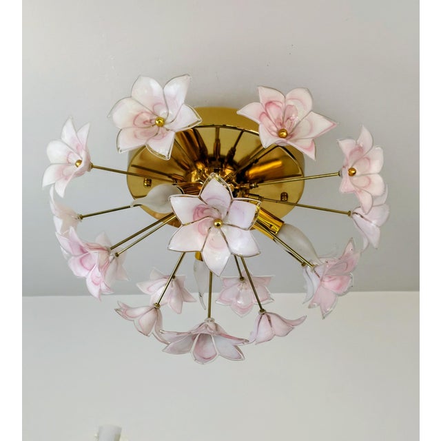 Murano Style Flush Mount Light Pink Flower Ceiling Light Glass Chandelier For Sale - Image 10 of 14