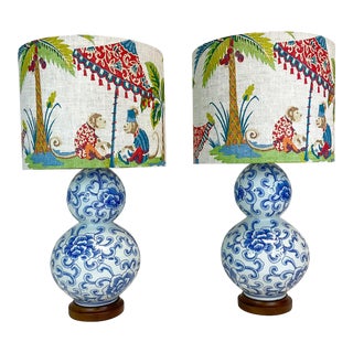 1980s Vintage Ralph Lauren Chinoiserie Lamp With New Custom Singerie Monkeys Shade - a Pair For Sale