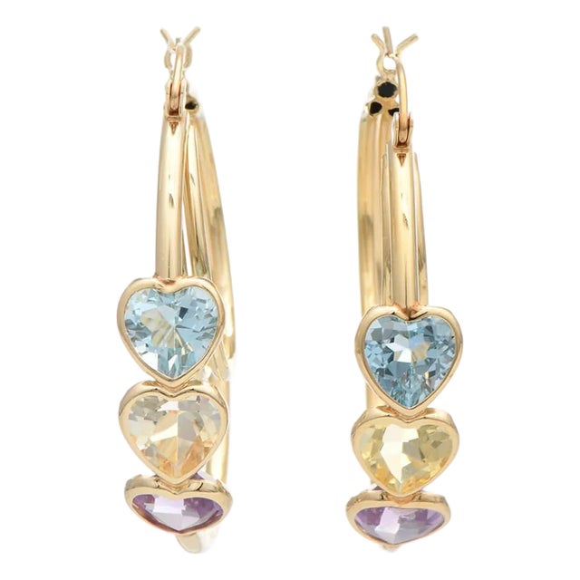 14KY Gemstone(4.16) Hearts Hoop Earrings, 2 pieces For Sale