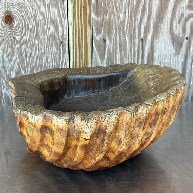 Vintage Boho Carved Wood Clam Shell For Sale - Image 10 of 12