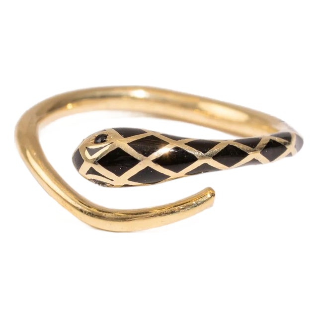 Black Enamel Gold Snake Ring, Size 8 For Sale