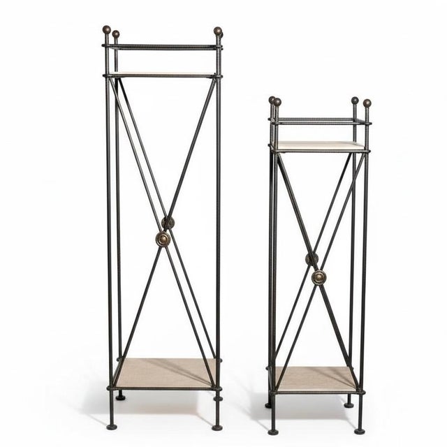 Neoclassical Mid-Century Neoclassical Style Iron & Travertine Plant Stands Pedestals - Set of Two For Sale - Image 3 of 5