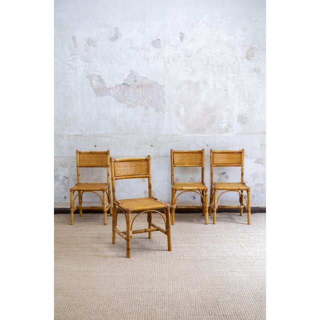 Light Yellow Bamboo and Rush Fabric Chairs, Italy, 1970s, Set of 4 For Sale - Image 8 of 8