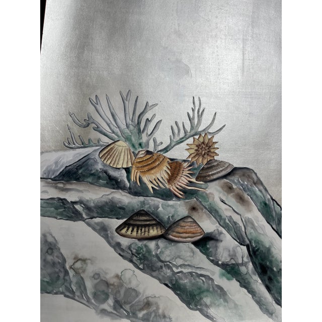 Chinoiserie Hand Painted Coral Fish Wallpaper on Antiqued Silver Metallic Panel - Set of 4 For Sale - Image 3 of 10