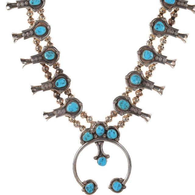 Vintage Navajo silver and turquoise squash blossom necklace. 26" long with 3" x<br>2.5" naja 167.5 grams with no...