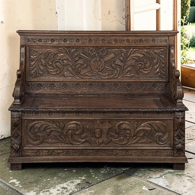 Handsome and richly hand-carved, this 19th century French Renaissance Revival trunk bench is crafted from solid oak and...