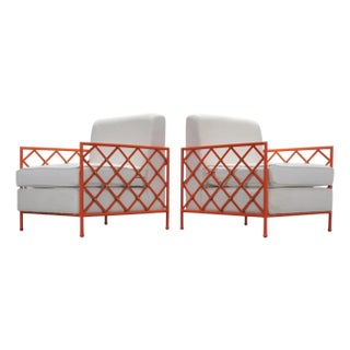 Pair of French Jean Royere Style Iron Lattice Lounge Chairs For Sale