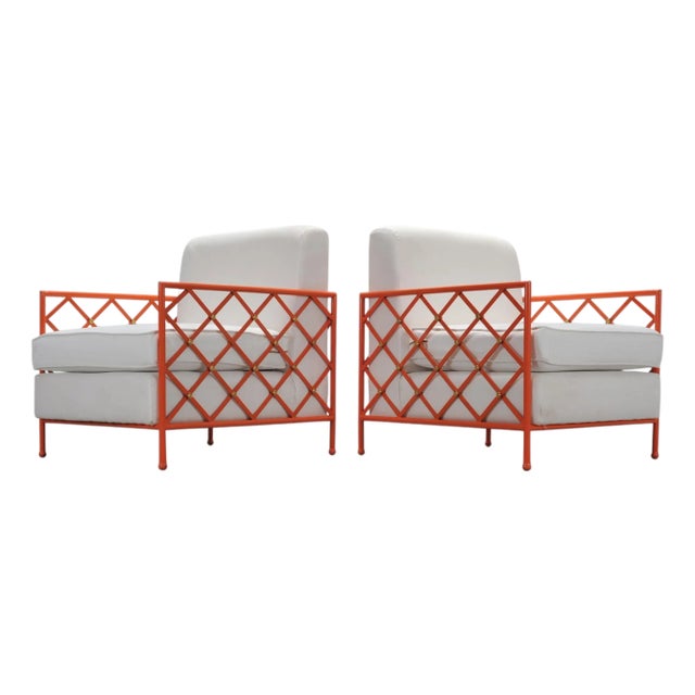 Pair of French Jean Royere Style Iron Lattice Lounge Chairs For Sale