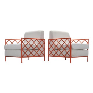Pair of French Maison Jean Orange Iron Lattice Lounge Chairs For Sale