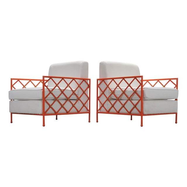 Pair of French Maison Jean Orange Iron Lattice Lounge Chairs For Sale