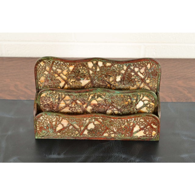 Art Deco Tiffany Studios New York Grapevine Pattern Bronze and Favrile Slag Glass Letter Rack For Sale - Image 3 of 14