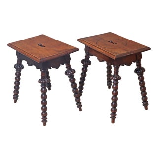 Antique Carved and Turned Oak Stools, 1850, Set of 2 For Sale