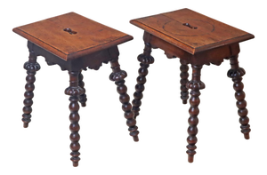 Antique Carved and Turned Oak Stools, 1850, Set of 2