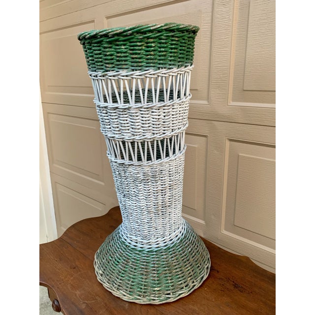 Late 19th Century Antique Painted Wicker Umbrella Basket With Green and White Surface For Sale - Image 5 of 12