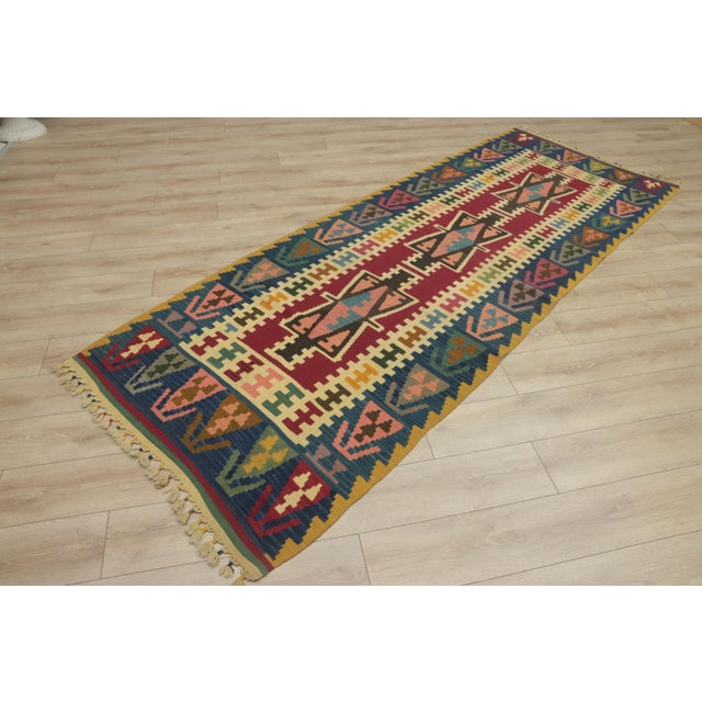 Tribal 1960s Turkish Tribal Style Hand Knotted Oushak Kilim Runner Rug For Sale - Image 3 of 11