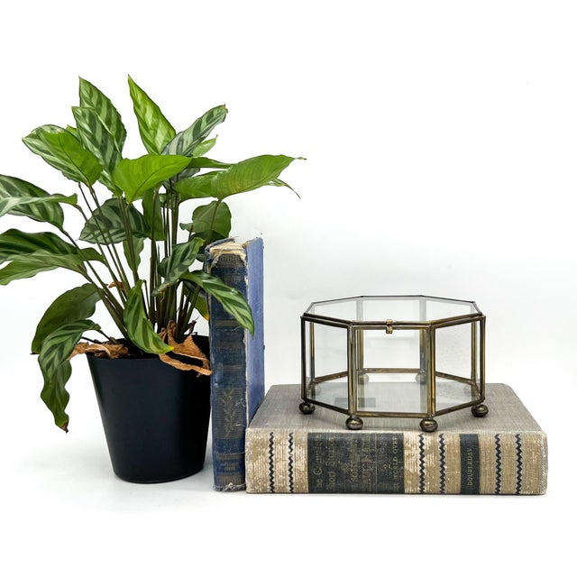 Gorgeous vintage brass and glass display box featuring an elegant octagonal form with beveled glass panels and petite ball...