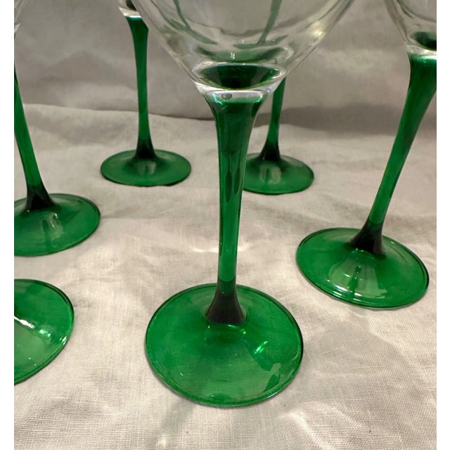 1980s Green Stem Holiday Wine Glasses W/Pewter Santa Detail-Set of 5 For Sale - Image 5 of 7