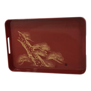 Vintage 1980s Japanese Red Lacquer Pine Tree Gold Foil Tray For Sale