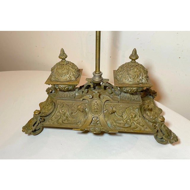 Antique Ornate 1800's Victorian Gilt Bronze Dual Inkwell Desk Lamp Stand Brass For Sale - Image 4 of 12