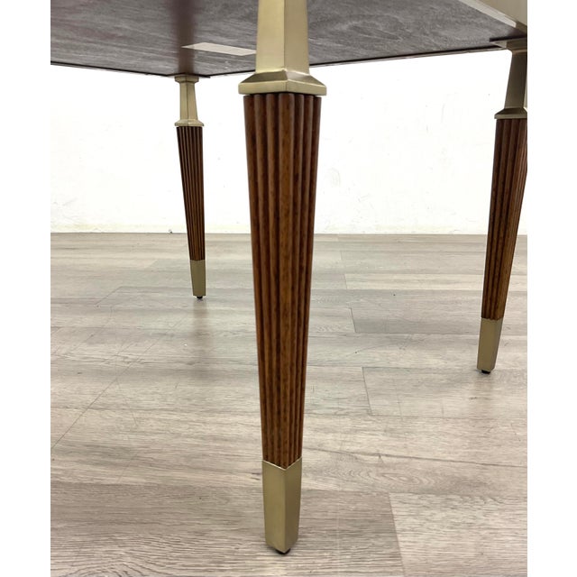 Original retail $1670, stylish Jonathan Charles Modern Walnut and Brass Barcelona Bunching Table, timeless fluted legs,...