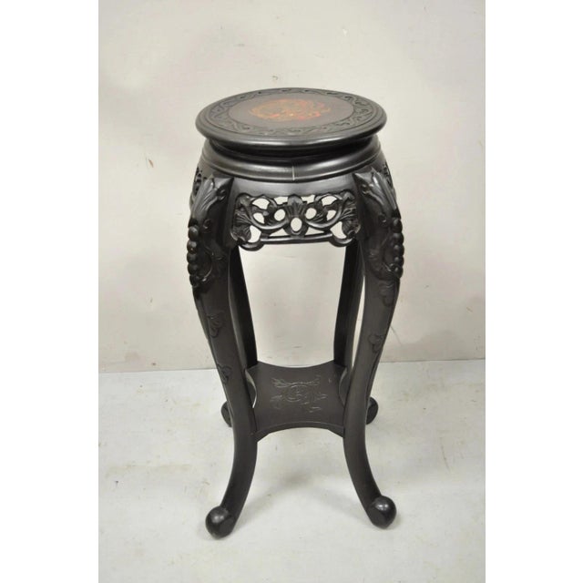 Antique Oriental Japanese Carved Wood Black Ebonized 28" Plant Stand with Lacquer Top Side Table. Item features a...