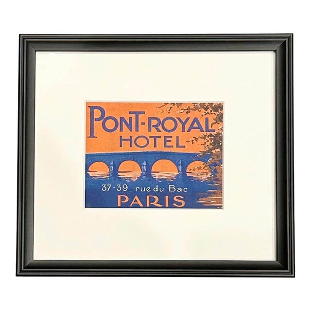 Vintage Pont-Royal Paris Hotel Framed Luggage Label For Sale