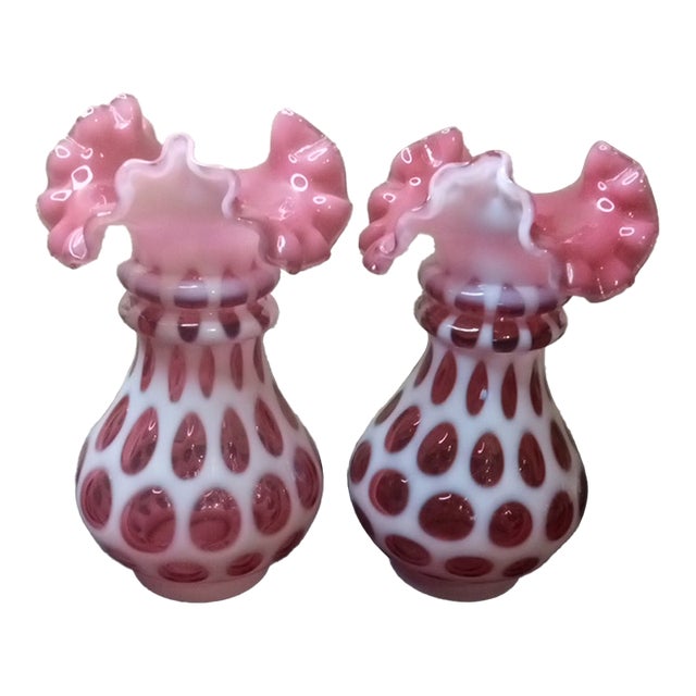 1960s Exquisite Pair of Fenton Cranberry Opalescent Coin Dot Crimped Edge Vases For Sale