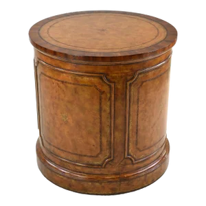 Traditional Style Drum Side Table with Burl Wood Gold Marquetry Inlays Etched Ribbon Design