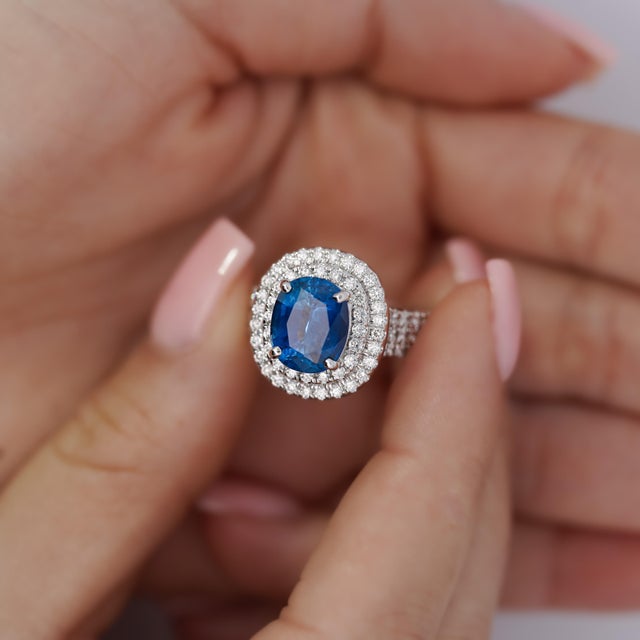 Metal 4.73 Carat Grs Certified Oval Blue Sapphire & Double Diamond Halo Ring Size 9 For Sale - Image 7 of 9