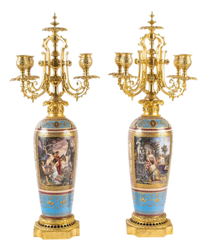 Large Vienna Porcelain and Gilt Bronze Candelabras, 19th Century, Set of 2