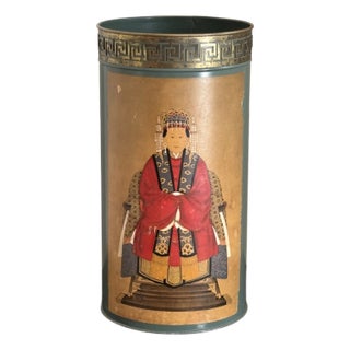 Mid-20th Century Chinoiserie Tole Umbrella Stand W/ Ancestral Portrait Print For Sale