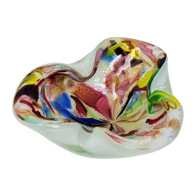 Vintage Authentic Murano Made in Italy Cased Kaleidoscope Multi Color Hand Blown Art Glass Bowl Art Glass For Sale - Image 12 of 12
